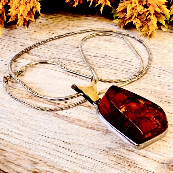 Sterling Silver Italy Vintage Snake Chain Necklace Amber Large Pendant - Picture 5 of 10